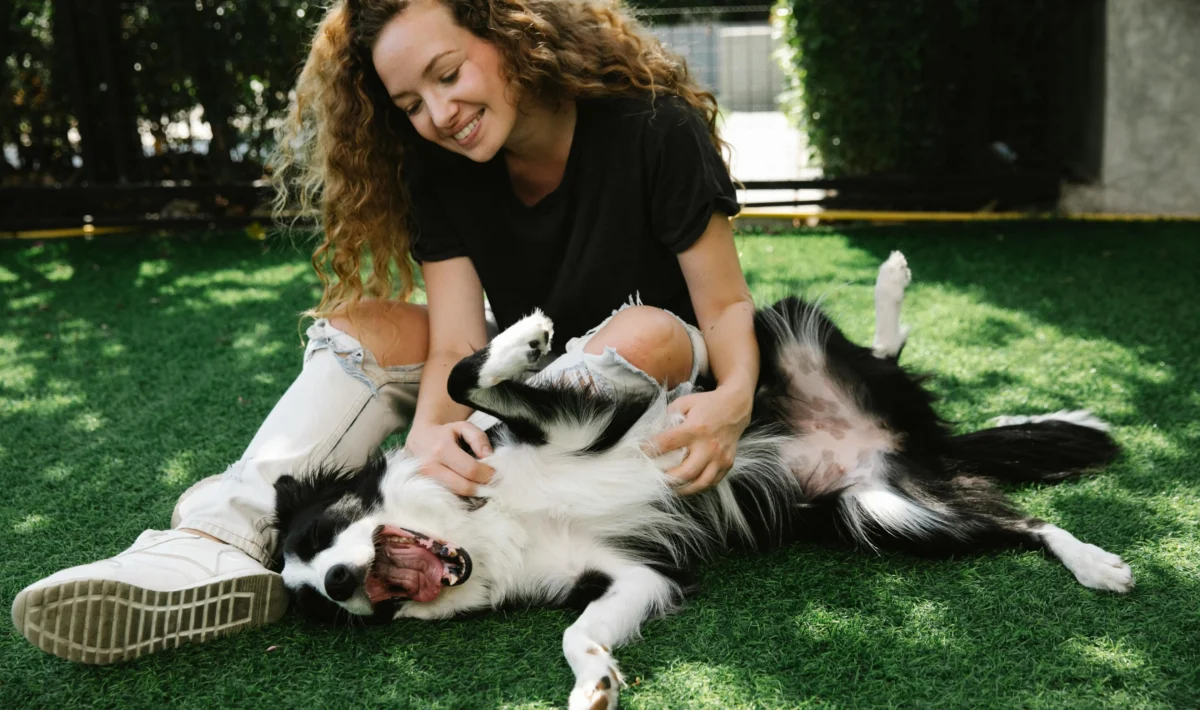 Lady tickling a dogs belly